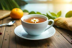 ein Tasse von Tee mit ein Blume auf das Tisch. KI-generiert foto