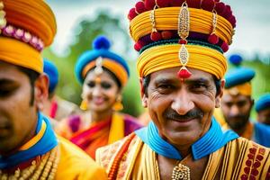 ein Mann im ein bunt Turban und Gold Schmuck. KI-generiert foto