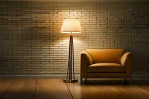 ein Stuhl und Lampe im Vorderseite von ein Backstein Mauer. KI-generiert foto