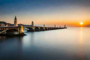 das Sonne steigt an Über das Brücke und das Wasser. KI-generiert foto