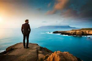 ein Mann im ein passen steht auf ein Cliff mit Blick auf das Ozean. KI-generiert foto