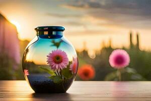 ein Vase mit Rosa Blumen Sitzung auf ein Tisch. KI-generiert foto