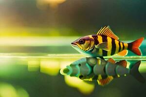 ein Fisch mit Streifen auf es ist Körper ist Sitzung auf das Wasser. KI-generiert foto