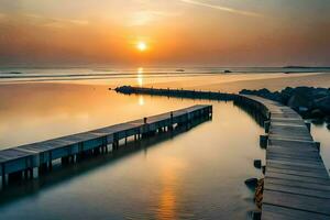 ein hölzern Seebrücke beim Sonnenuntergang mit das Sonne Rahmen hinter Es. KI-generiert foto