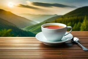 ein Tasse von Tee auf ein hölzern Tabelle mit Berge im das Hintergrund. KI-generiert foto