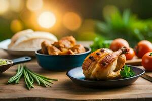 ein Tabelle mit Huhn, Brot und Gemüse. KI-generiert foto