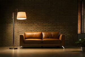 ein braun Leder Couch im Vorderseite von ein Backstein Mauer. KI-generiert foto