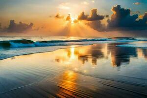 Sonnenuntergang auf das Strand, Wellen, Wolken, Wasser, Himmel, hd Hintergrund. KI-generiert foto