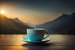 ein Tasse von Kaffee auf ein hölzern Tabelle im das Berge. KI-generiert foto