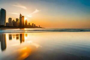 das Sonne setzt Über das Stadt Horizont im Dubai. KI-generiert foto