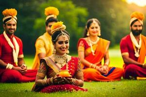 indisch Frauen im traditionell Kleidung Sitzung auf das Gras. KI-generiert foto