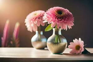Rosa Blumen im Vasen auf ein hölzern Tisch. KI-generiert foto