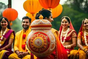 indisch Hochzeit Zeremonie mit Braut und Bräutigam. KI-generiert foto