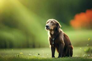 ein Hund Sitzung im das Gras mit ein Sonne leuchtenden hinter Es. KI-generiert foto
