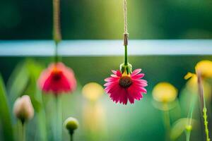 ein Rosa Blume hängend von ein Schnur. KI-generiert foto