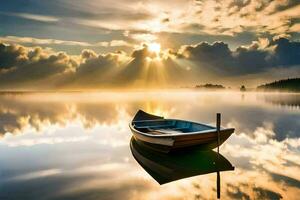 ein Boot sitzt auf das Wasser beim Sonnenuntergang. KI-generiert foto