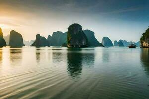 das Sonne setzt Über das Wasser im Halong Bucht. KI-generiert foto