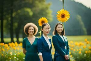 drei Frauen im Blau Anzüge Stehen im ein Feld mit Sonnenblumen. KI-generiert foto