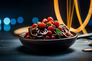 ein Schüssel von Pasta mit Beeren und Nüsse. KI-generiert foto