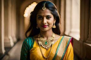 ein schön indisch Frau tragen ein Gelb Sari und Gold Schmuck. KI-generiert foto