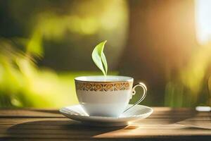 ein Tasse von Tee mit ein Grün Blatt. KI-generiert foto