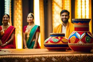 ein Paar im traditionell indisch Kleidung sitzen im Vorderseite von ein bunt Topf. KI-generiert foto