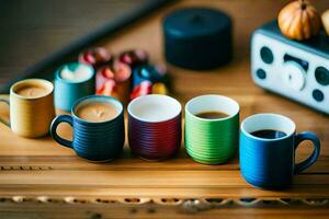 ein Gruppe von bunt Kaffee Tassen auf ein Tisch. KI-generiert foto