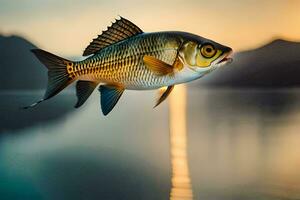 ein Fisch ist fliegend Über ein See beim Sonnenuntergang. KI-generiert foto