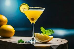 ein Cocktail mit Zitrone und Minze auf ein hölzern Tisch. KI-generiert foto