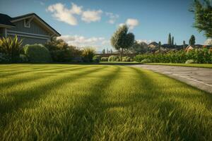 Grün gemäht Rasen auf das Hintergrund von das Haus. KI-generiert foto