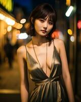 schön asiatisch Mädchen tragen Glanz Seide Kleid ai generativ foto