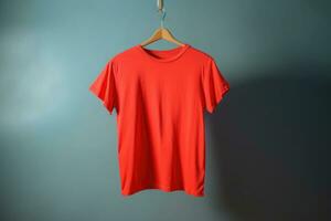 ein rot T-Shirt ist hängend auf ein Aufhänger. ai generiert foto