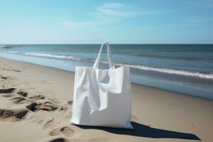 ein Weiß Tasche mit Griffe steht auf das Strand auf das Sand. ai generiert foto