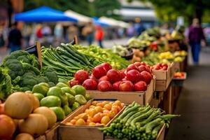 Landwirte Markt gefüllt mit ein Fülle von frisch Früchte, Gemüse, und organisch produzieren, betonen das Verfügbarkeit von örtlich bezogen Zutaten zum vegan Rezepte. generativ ai foto