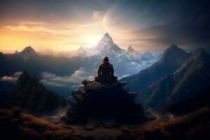 Person meditieren auf ein Berg Gipfel, symbolisieren das spirituell Aufstieg und innere Erkundung von ein Seele Reise. generativ ai foto