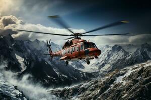 Hubschrauber schweben Über schneebedeckt Berge während ein gewagt Winter Rettung Mission, präsentieren das Bedeutung von rechtzeitig und effizient Notfall Antwort. generativ ai foto
