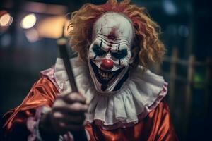ein Nahansicht Schuss von ein gruselig Clown halten ein blutbefleckt Messer, mit ein chillen Lächeln und unheimlich Augen, Erfassen das Angst und Nervenkitzel von Halloween. generativ ai foto