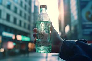 ein dynamisch Schuss von ein Person halten ein Flasche von Mineral Wasser gegen ein Hintergrund von ein aktiv städtisch Umfeld, symbolisieren Flüssigkeitszufuhr auf das gehen. generativ ai foto