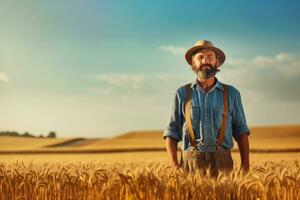 ein Farmer Stehen stolz im ein golden Weizen Feld, und ein beschwingt Blau Himmel, symbolisieren das schwer Arbeit und Fülle von das landwirtschaftlich Industrie. generativ ai foto