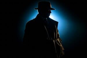 ein Silhouette von ein Fedora tragend Mafia Killer, halten ein Aktentasche, wie er Spaziergänge in das Schatten, symbolisieren Achtung und heimlich Umgang. generativ ai foto