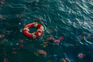 dramatisch Ozean Rettung Szene mit stürmisch Himmel, rot Rettungsring schwebend im das Wasser. Retter haben links Blumen im Ehre von das fehlt Personen. generativ ai foto