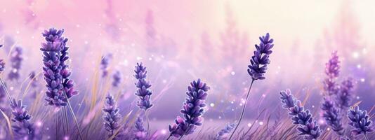 ein Banner Design präsentieren ein Feld von Lavendel im voll blühen, mit Sanft lila Farbtöne und zart Blütenblätter, Erstellen ein beruhigend und aromatisch Atmosphäre. generativ ai foto