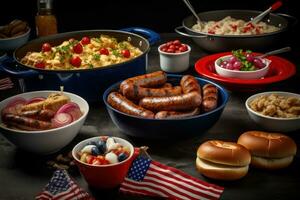 ein Grill mit Bändern versehen mit Girlanden von Rot, Weiß und Blau Band, heiß Hunde und Hamburger Kochen auf das Grill, Nächster zu ein Schüssel von Kartoffel Salat garniert mit ein Miniatur uns Flagge. generativ ai. foto