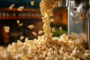 ein Nahansicht von ein Popcorn Maschine, mit Popcorn Kernel knallen und fliegend aus von das Maschine, Erfassen das Wesen von das Popcorn-Herstellung Verfahren. generativ ai foto