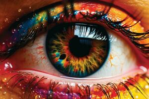 ein Nahansicht von ein Person Auge, mit das Iris gemacht oben von Regenbogen Farben und ein Betrachtung von ein Stolz Parade im das Schüler. generativ ai foto