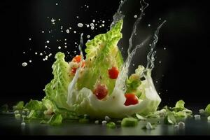 ein dynamisch Bild Erfassen das Prozess von werfen ein Eisberg Salat im ein Schüssel. das Bewegung von das Salat Zutaten schafft ein Sinn von Energie und Frische. generativ ai foto