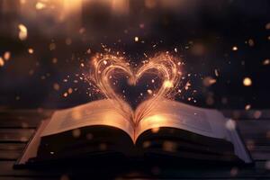 ein verträumt Bild von ein öffnen Buch mit glühend Herzen ausstrahlen von es ist Seiten, hervorrufen ein Sinn von Verzauberung und Magie. generativ ai foto