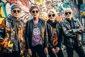 ein Gruppe von extravagant ältere Menschen mit retro Punk Outfits posieren im Vorderseite von ein neonbeleuchtet Wand, dekoriert mit bunt Graffiti und Straße Kunst. generativ ai foto