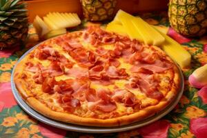 ein hoher Winkel Schuss von ein geladen hawaiisch Pizza mit Ananas, Schinken, und Speck, Sitzung auf ein Jahrgang rot kariert Tischdecke. generativ ai foto