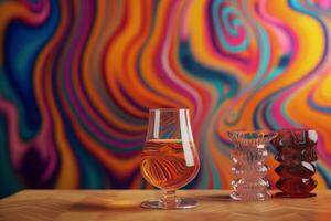 ein hypnotisch Spiral- gemustert Hintergrund mit ein Glas von Flüssigkeit im Vorderseite von es Das erscheint zu Sein wirbelnd und verwandeln in verschiedene psychedelisch Formen und Farben. generativ ai foto